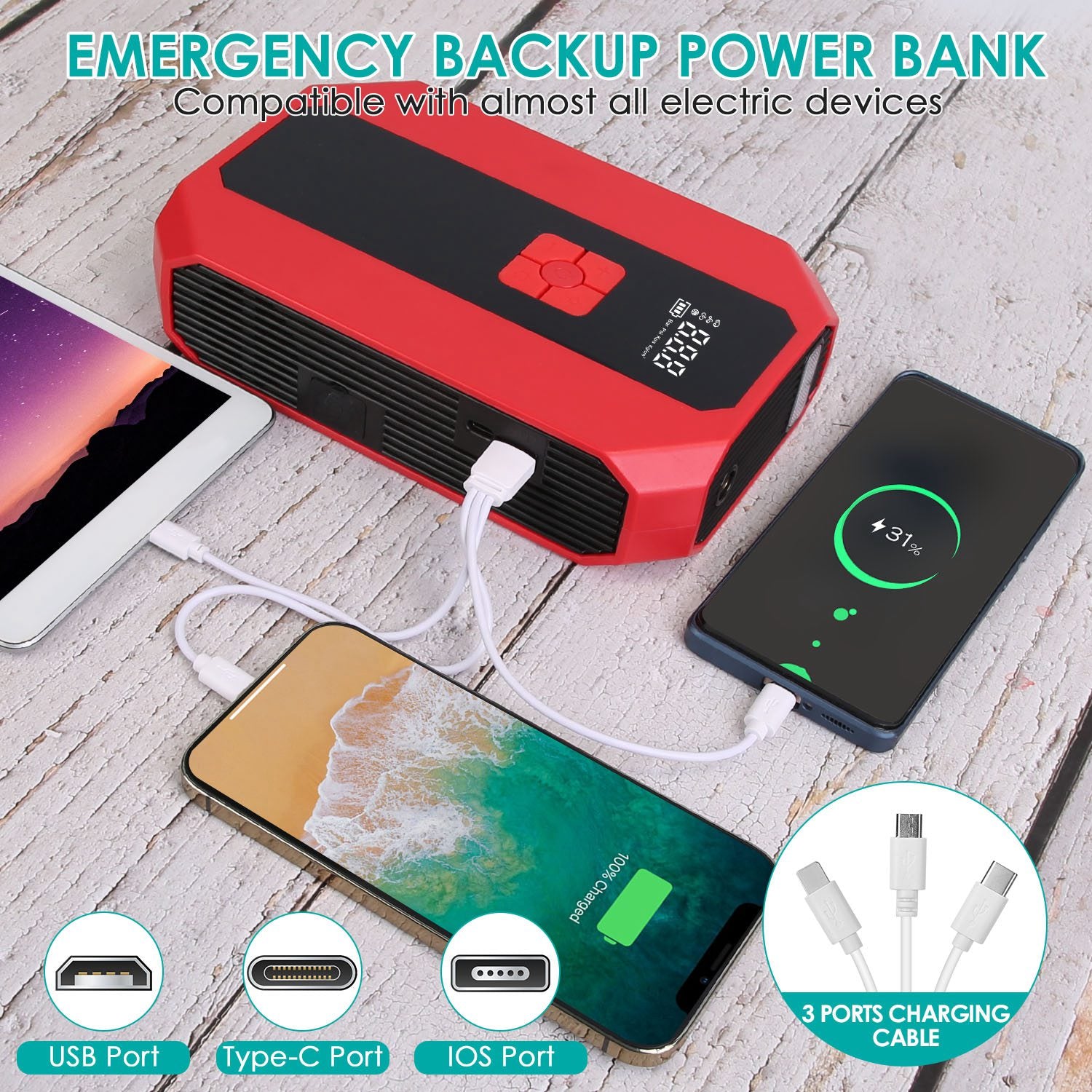 Portable Jump Starter + Tire Inflator — 1500A, 400PSI, Power Bank Combo