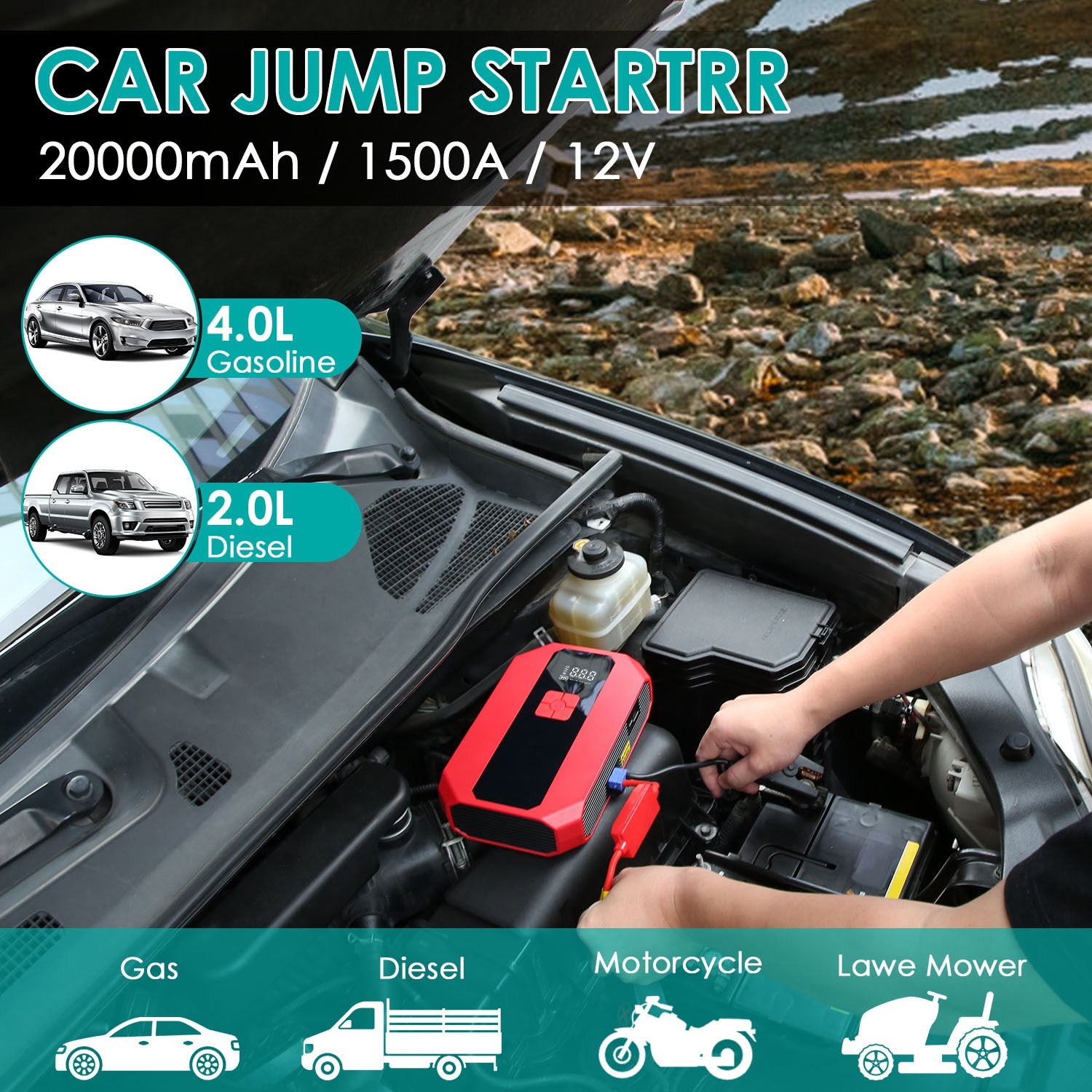 Portable Jump Starter + Tire Inflator — 1500A, 400PSI, Power Bank Combo